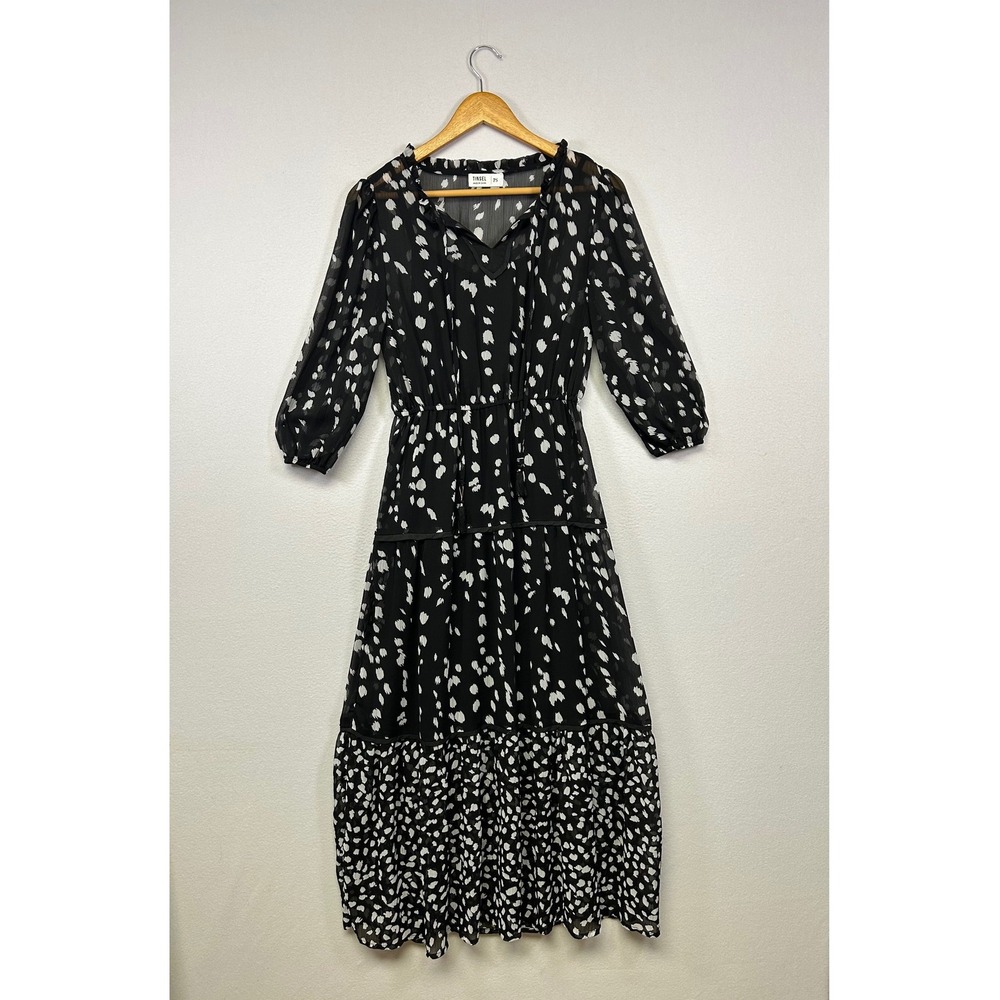 Boho Cottagecore Tinsel Womens PS Black White Abstract Tiered Chiffon Midi Dress